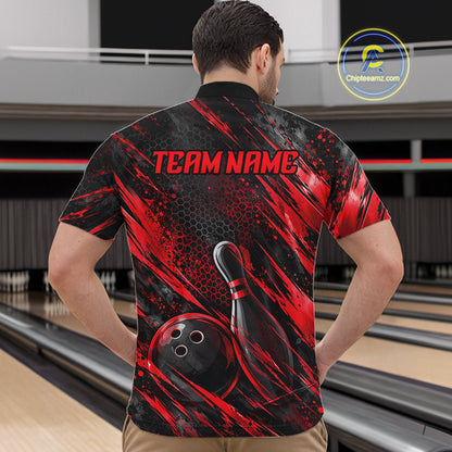 Personalized Red Splatter Hexagon Bowling Polo 1/4-Zip For Men Custom Bowling Team Tournament Shirts NYN4722