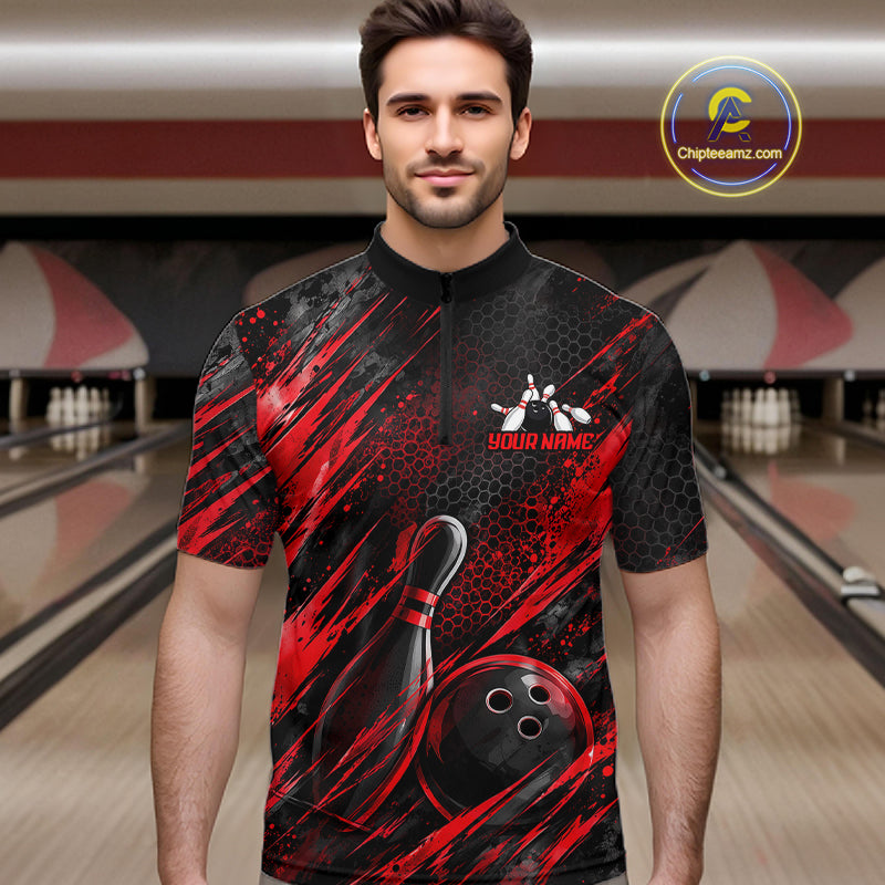 Personalized Red Splatter Hexagon Bowling Polo 1/4-Zip For Men Custom Bowling Team Tournament Shirts NYN4722