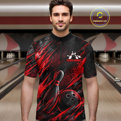 Personalized Red Splatter Hexagon Bowling Polo 1/4-Zip For Men Custom Bowling Team Tournament Shirts NYN4722