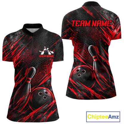 Personalized Red Splatter Hexagon Bowling Polo 1/4-Zip For Women Custom Bowling Team Tournament Shirts NYN4722
