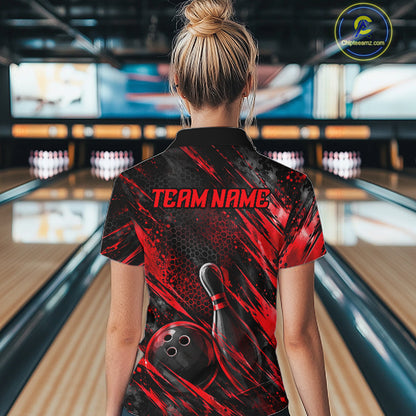 Personalized Red Splatter Hexagon Bowling Polo 1/4-Zip For Women Custom Bowling Team Tournament Shirts NYN4722