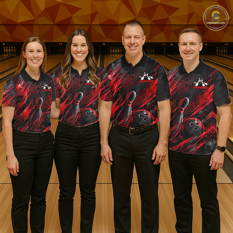 Personalized Red Splatter Hexagon Bowling Polo 1/4-Zip For Men Custom Bowling Team Tournament Shirts NYN4722