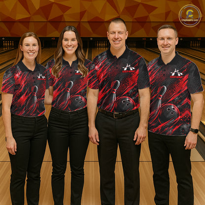 Personalized Red Splatter Hexagon Bowling Polo 1/4-Zip For Men Custom Bowling Team Tournament Shirts NYN4722