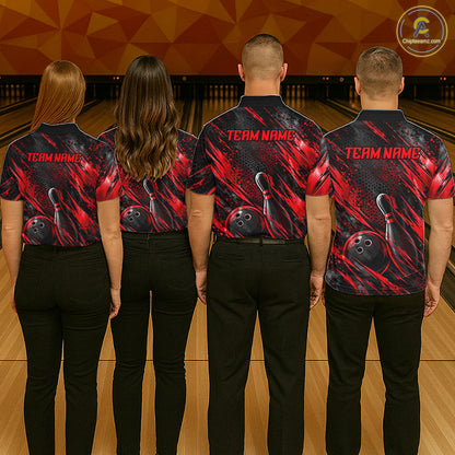 Personalized Red Splatter Hexagon Bowling Polo 1/4-Zip For Men Custom Bowling Team Tournament Shirts NYN4722
