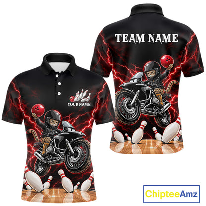 Custom Funny Racing Cat Bowling Shirt For Men Red Thunder Bowling Polo 1/4-Zip Team Jersey NYN4724