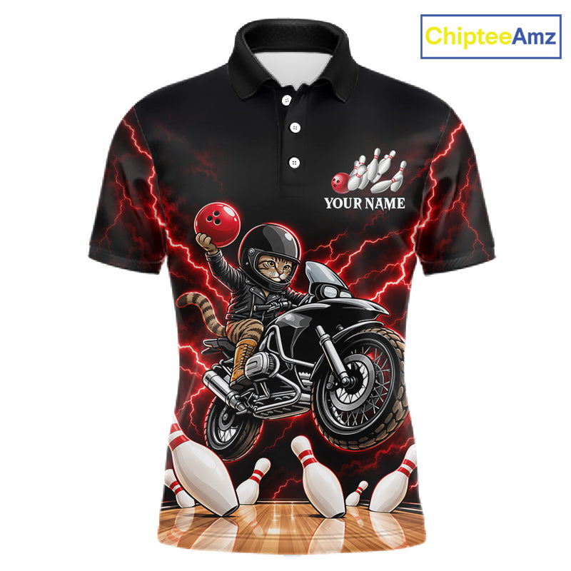 Custom Funny Racing Cat Bowling Shirt For Men Red Thunder Bowling Polo 1/4-Zip Team Jersey NYN4724