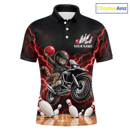 Custom Funny Racing Cat Bowling Shirt For Men Red Thunder Bowling Polo 1/4-Zip Team Jersey NYN4724