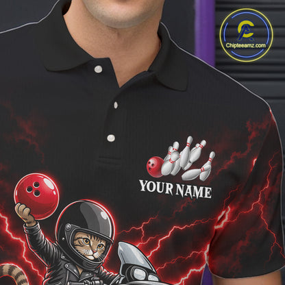 Custom Funny Racing Cat Bowling Shirt For Men Red Thunder Bowling Polo 1/4-Zip Team Jersey NYN4724