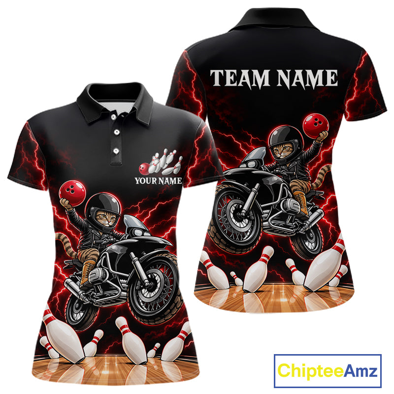 Custom Funny Racing Cat Bowling Shirt For Women Red Thunder Bowling Polo 1/4-Zip Team Jersey NYN4724