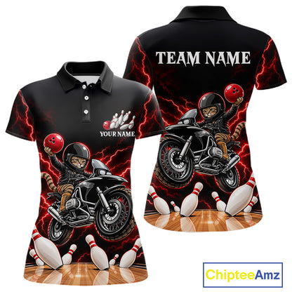 Custom Funny Racing Cat Bowling Shirt For Women Red Thunder Bowling Polo 1/4-Zip Team Jersey NYN4724