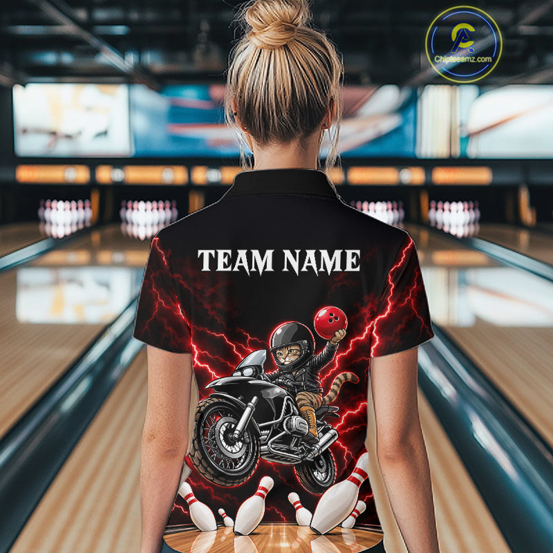 Custom Funny Racing Cat Bowling Shirt For Women Red Thunder Bowling Polo 1/4-Zip Team Jersey NYN4724