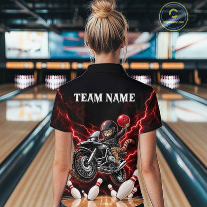 Custom Funny Racing Cat Bowling Shirt For Women Red Thunder Bowling Polo 1/4-Zip Team Jersey NYN4724