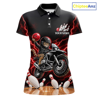 Custom Funny Racing Cat Bowling Shirt For Women Red Thunder Bowling Polo 1/4-Zip Team Jersey NYN4724