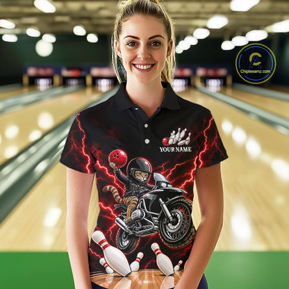 Custom Funny Racing Cat Bowling Shirt For Women Red Thunder Bowling Polo 1/4-Zip Team Jersey NYN4724