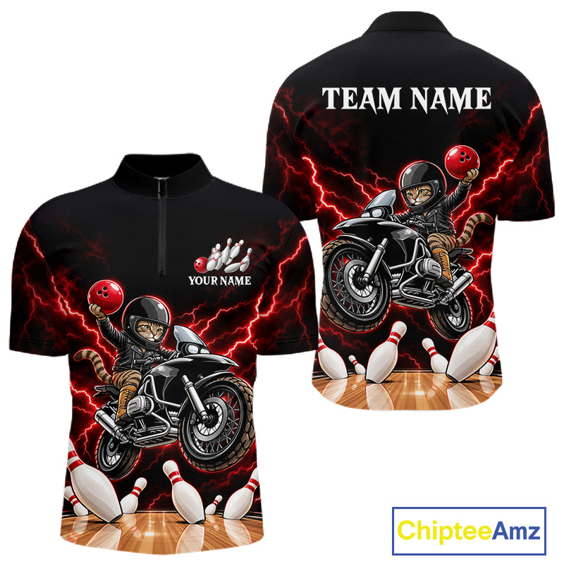 Custom Funny Racing Cat Bowling Shirt For Men Red Thunder Bowling Polo 1/4-Zip Team Jersey NYN4724