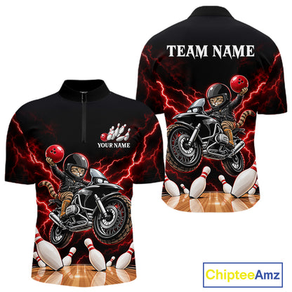 Custom Funny Racing Cat Bowling Shirt For Men Red Thunder Bowling Polo 1/4-Zip Team Jersey NYN4724