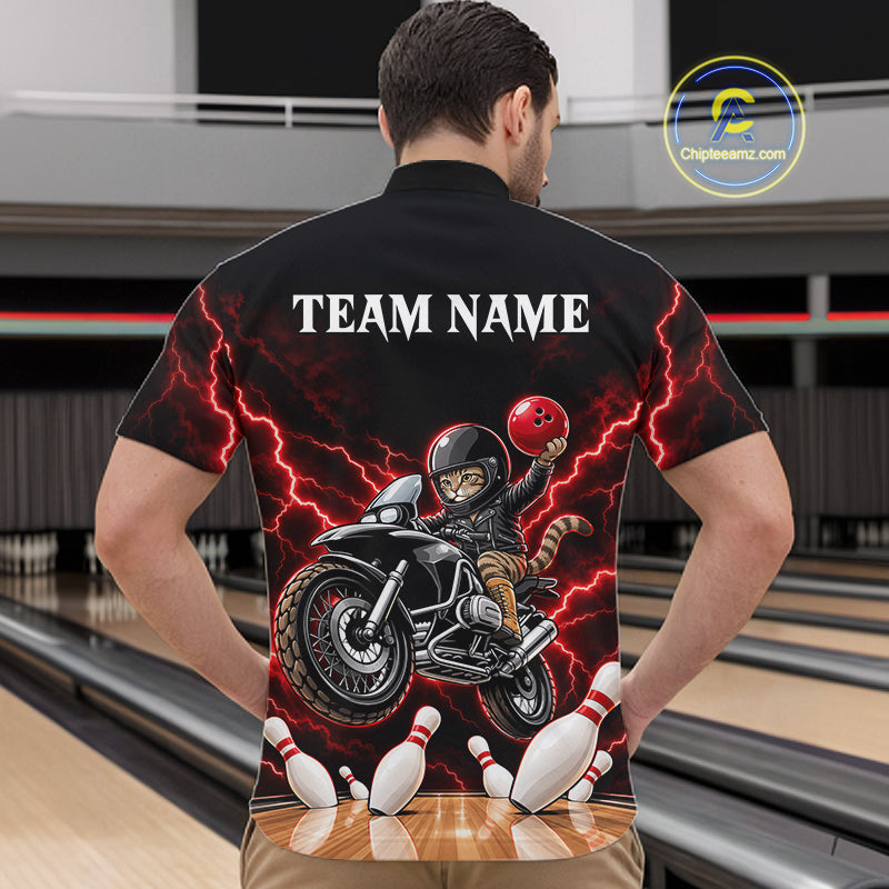 Custom Funny Racing Cat Bowling Shirt For Men Red Thunder Bowling Polo 1/4-Zip Team Jersey NYN4724
