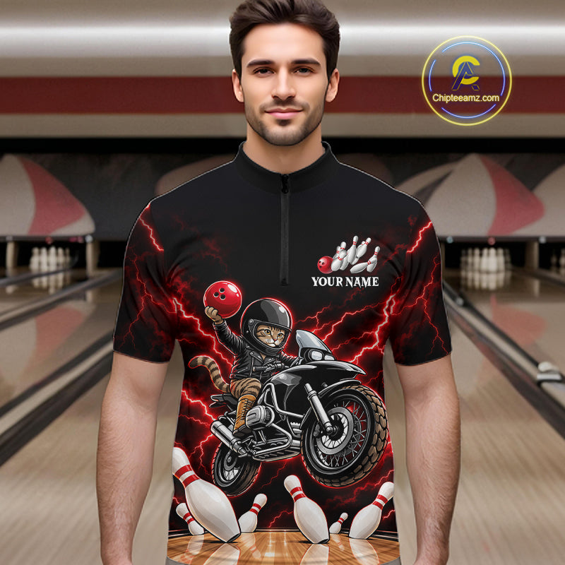 Custom Funny Racing Cat Bowling Shirt For Men Red Thunder Bowling Polo 1/4-Zip Team Jersey NYN4724