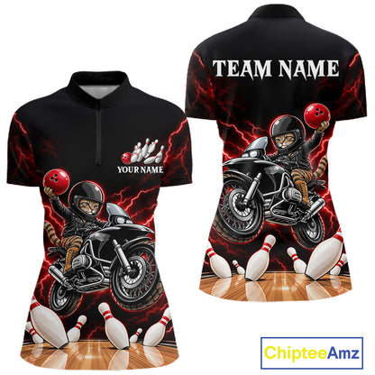 Custom Funny Racing Cat Bowling Shirt For Women Red Thunder Bowling Polo 1/4-Zip Team Jersey NYN4724