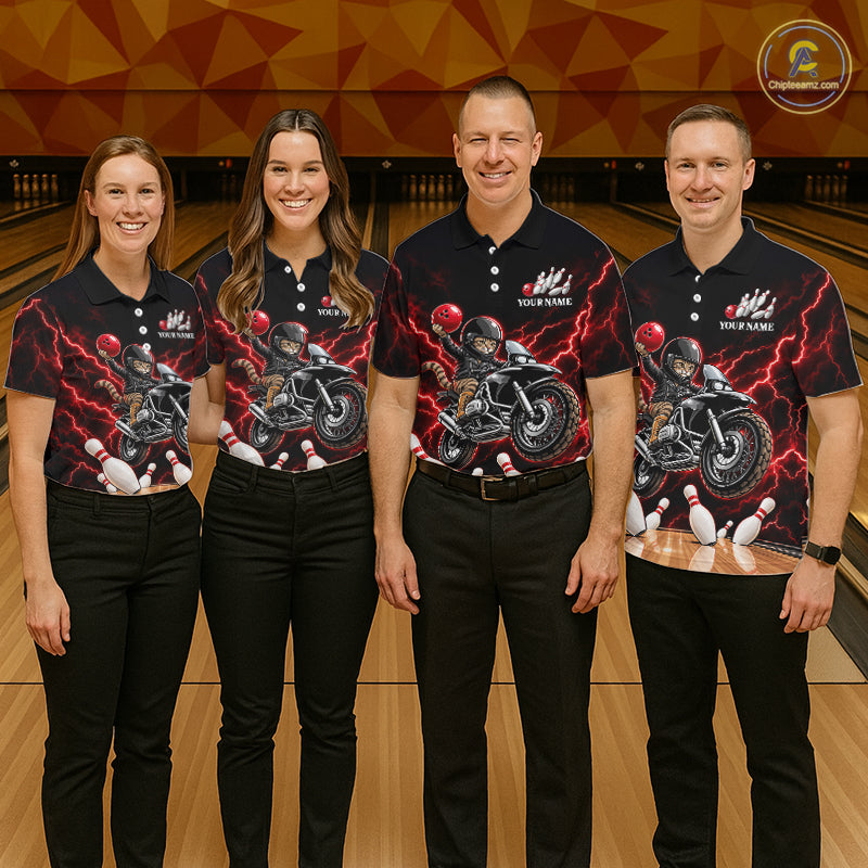 Custom Funny Racing Cat Bowling Shirt For Women Red Thunder Bowling Polo 1/4-Zip Team Jersey NYN4724