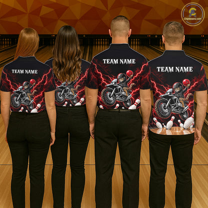 Custom Funny Racing Cat Bowling Shirt For Women Red Thunder Bowling Polo 1/4-Zip Team Jersey NYN4724