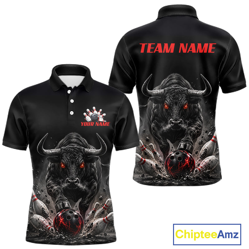 Funny Bowling Polo 1/4-Zip Shirt For Men Angry Bull Bowling Jersey Custom Bowling Tournament Shirt NYN4727