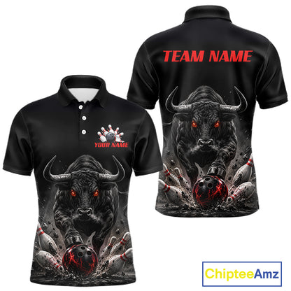 Funny Bowling Polo 1/4-Zip Shirt For Men Angry Bull Bowling Jersey Custom Bowling Tournament Shirt NYN4727