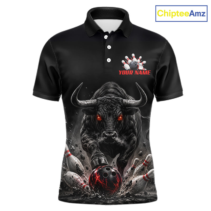 Funny Bowling Polo 1/4-Zip Shirt For Men Angry Bull Bowling Jersey Custom Bowling Tournament Shirt NYN4727