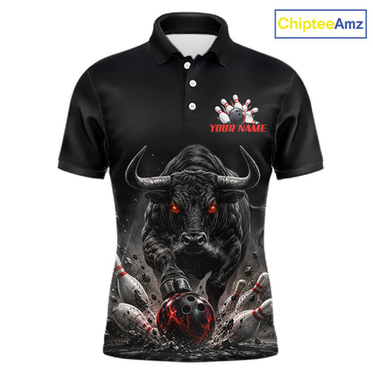 Funny Bowling Polo 1/4-Zip Shirt For Men Angry Bull Bowling Jersey Custom Bowling Tournament Shirt NYN4727