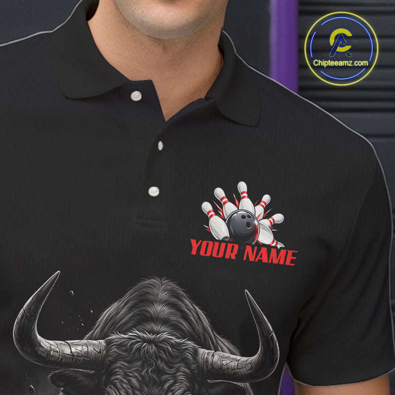 Funny Bowling Polo 1/4-Zip Shirt For Men Angry Bull Bowling Jersey Custom Bowling Tournament Shirt NYN4727