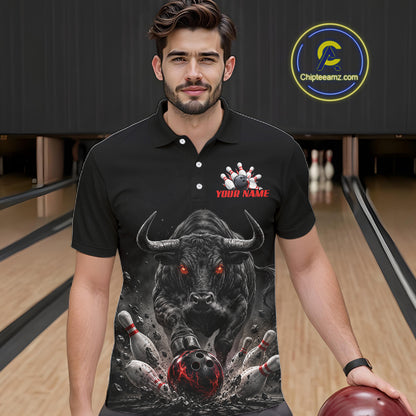 Funny Bowling Polo 1/4-Zip Shirt For Men Angry Bull Bowling Jersey Custom Bowling Tournament Shirt NYN4727