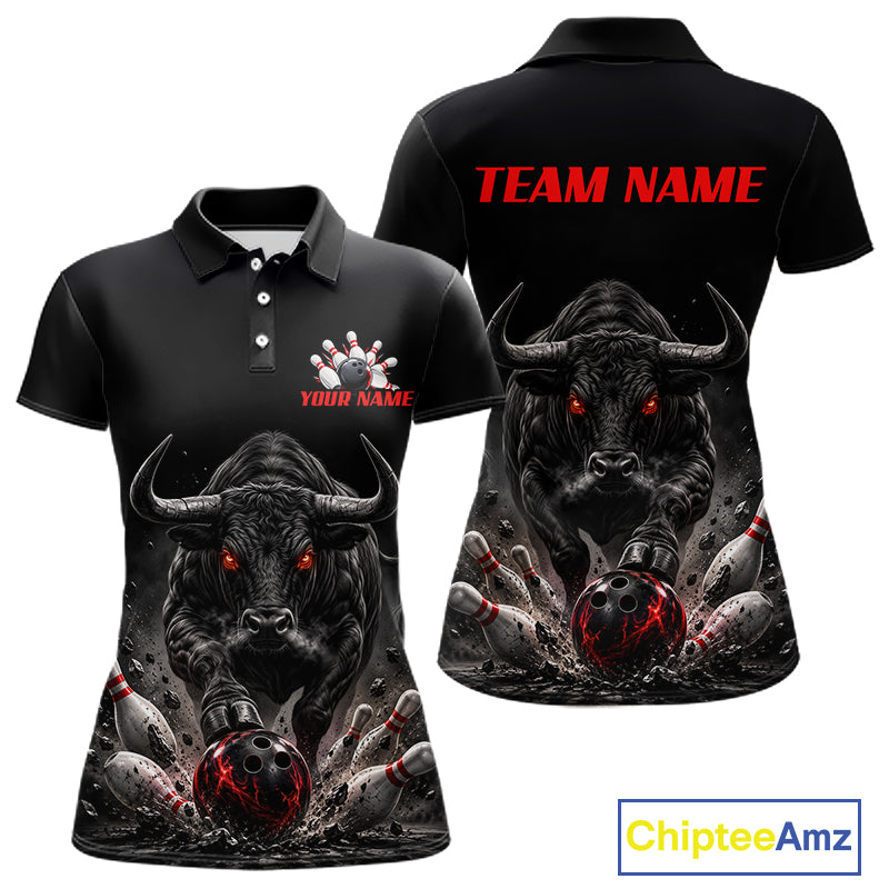 Funny Bowling Polo 1/4-Zip Shirt For Women Angry Bull Bowling Jersey Custom Bowling Tournament Shirt NYN4727