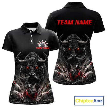 Funny Bowling Polo 1/4-Zip Shirt For Women Angry Bull Bowling Jersey Custom Bowling Tournament Shirt NYN4727