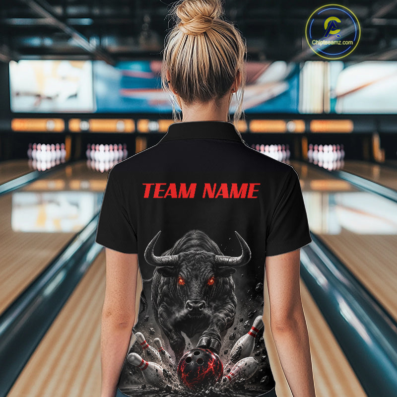 Funny Bowling Polo 1/4-Zip Shirt For Women Angry Bull Bowling Jersey Custom Bowling Tournament Shirt NYN4727
