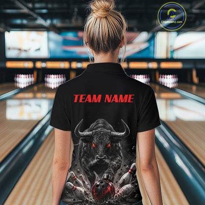 Funny Bowling Polo 1/4-Zip Shirt For Women Angry Bull Bowling Jersey Custom Bowling Tournament Shirt NYN4727