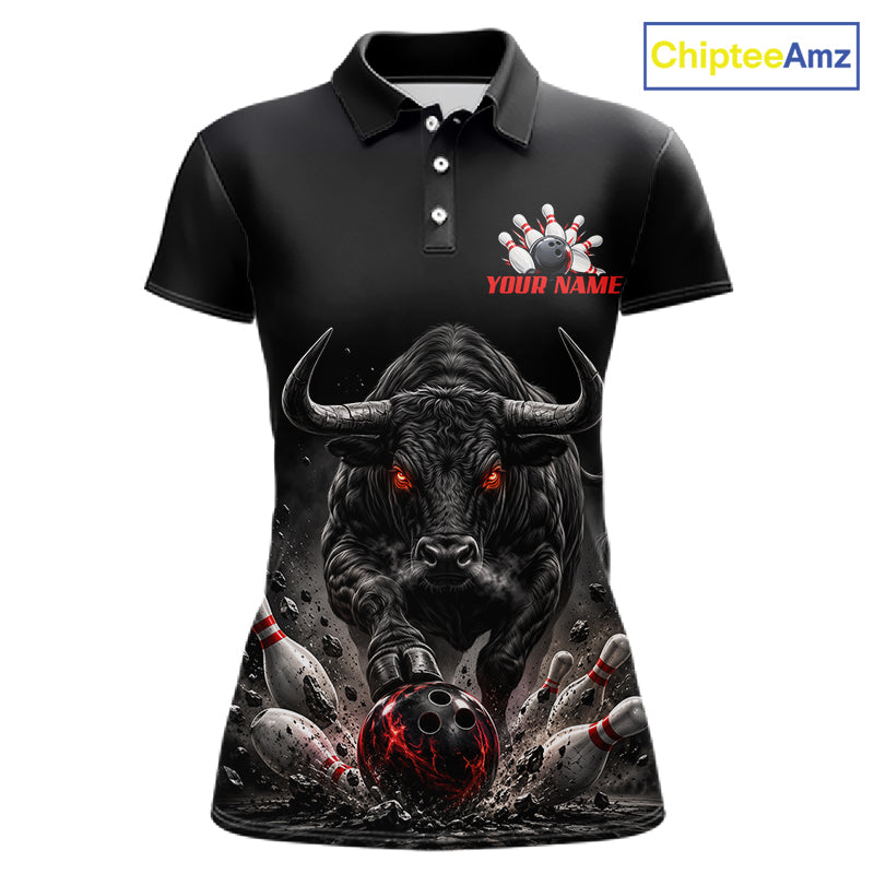Funny Bowling Polo 1/4-Zip Shirt For Women Angry Bull Bowling Jersey Custom Bowling Tournament Shirt NYN4727