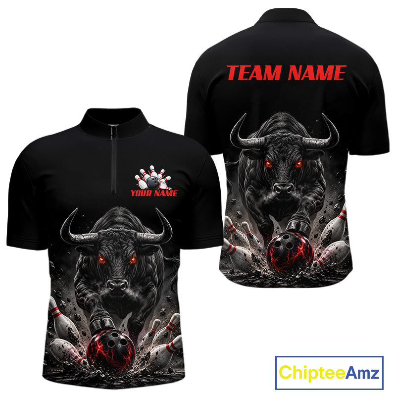 Funny Bowling Polo 1/4-Zip Shirt For Men Angry Bull Bowling Jersey Custom Bowling Tournament Shirt NYN4727