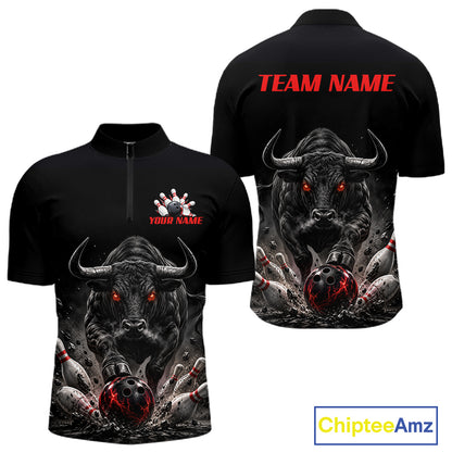 Funny Bowling Polo 1/4-Zip Shirt For Men Angry Bull Bowling Jersey Custom Bowling Tournament Shirt NYN4727