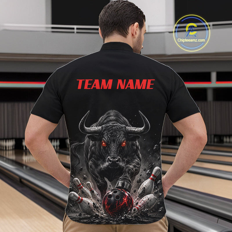 Funny Bowling Polo 1/4-Zip Shirt For Men Angry Bull Bowling Jersey Custom Bowling Tournament Shirt NYN4727