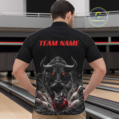 Funny Bowling Polo 1/4-Zip Shirt For Men Angry Bull Bowling Jersey Custom Bowling Tournament Shirt NYN4727