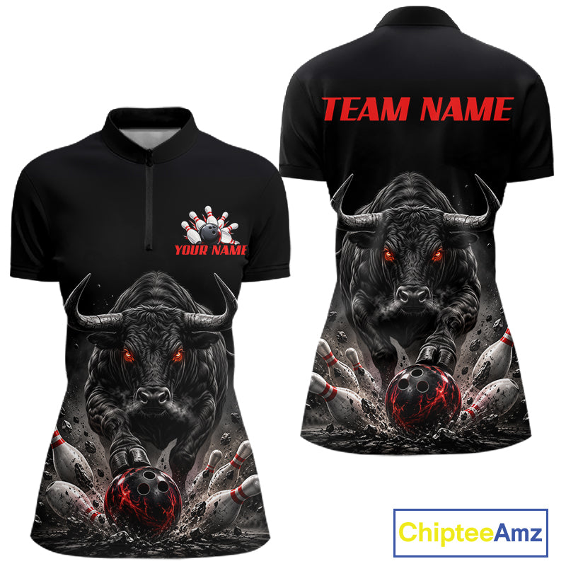Funny Bowling Polo 1/4-Zip Shirt For Women Angry Bull Bowling Jersey Custom Bowling Tournament Shirt NYN4727