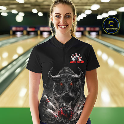 Funny Bowling Polo 1/4-Zip Shirt For Women Angry Bull Bowling Jersey Custom Bowling Tournament Shirt NYN4727