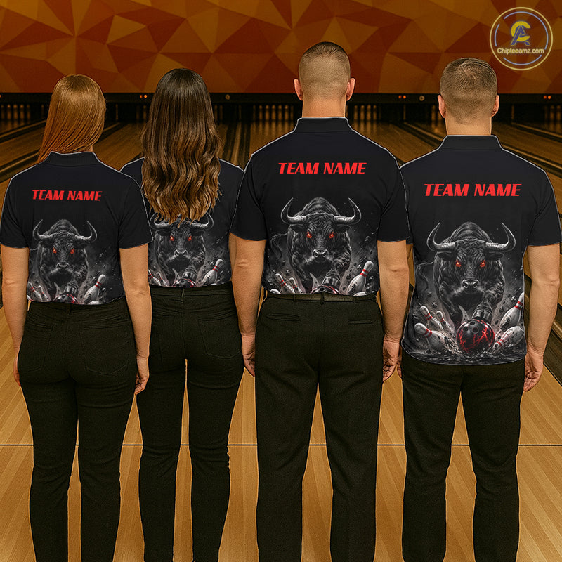 Funny Bowling Polo 1/4-Zip Shirt For Men Angry Bull Bowling Jersey Custom Bowling Tournament Shirt NYN4727