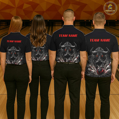 Funny Bowling Polo 1/4-Zip Shirt For Men Angry Bull Bowling Jersey Custom Bowling Tournament Shirt NYN4727