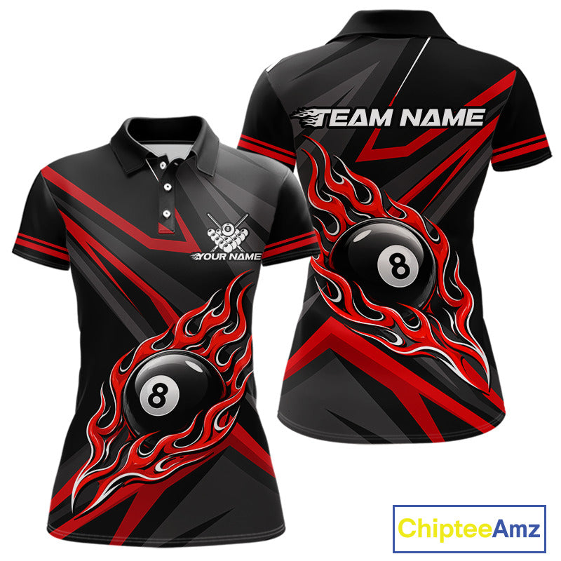Fire Flame 8 Ball Billiard Team Shirt For Women Custom Black And Red Pool Billiard Team Jersey NYN3941