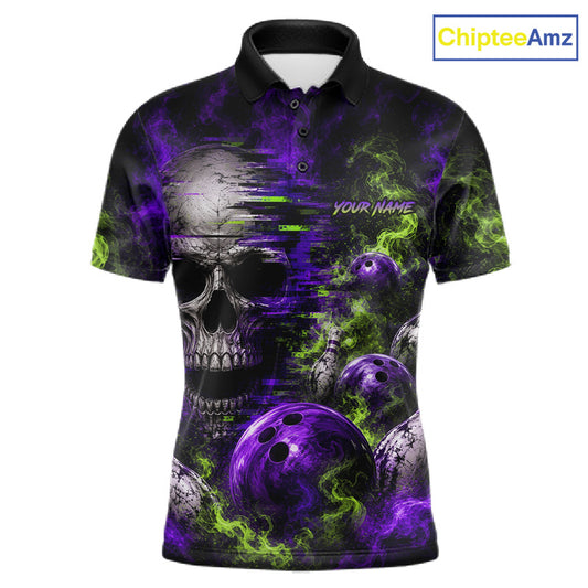 Custom Green & Purple Smoke Skull Bowling Shirts For Men Retro Skull Bowling Tournament Shirt NYN3945