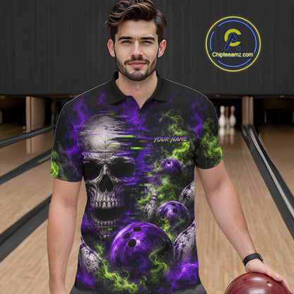Custom Green & Purple Smoke Skull Bowling Shirts For Men Retro Skull Bowling Tournament Shirt NYN3945