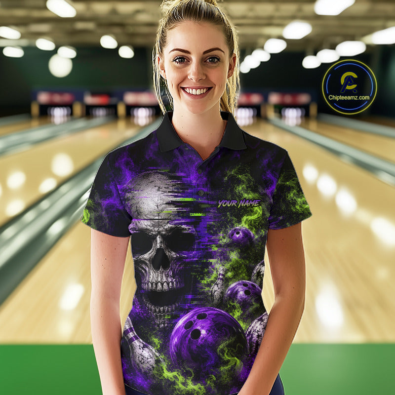 Custom Green & Purple Smoke Skull Bowling Shirts For Women Retro Skull Bowling Tournament Shirt NYN3945