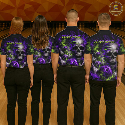 Custom Green & Purple Smoke Skull Bowling Shirts For Men Retro Skull Bowling Tournament Shirt NYN3945