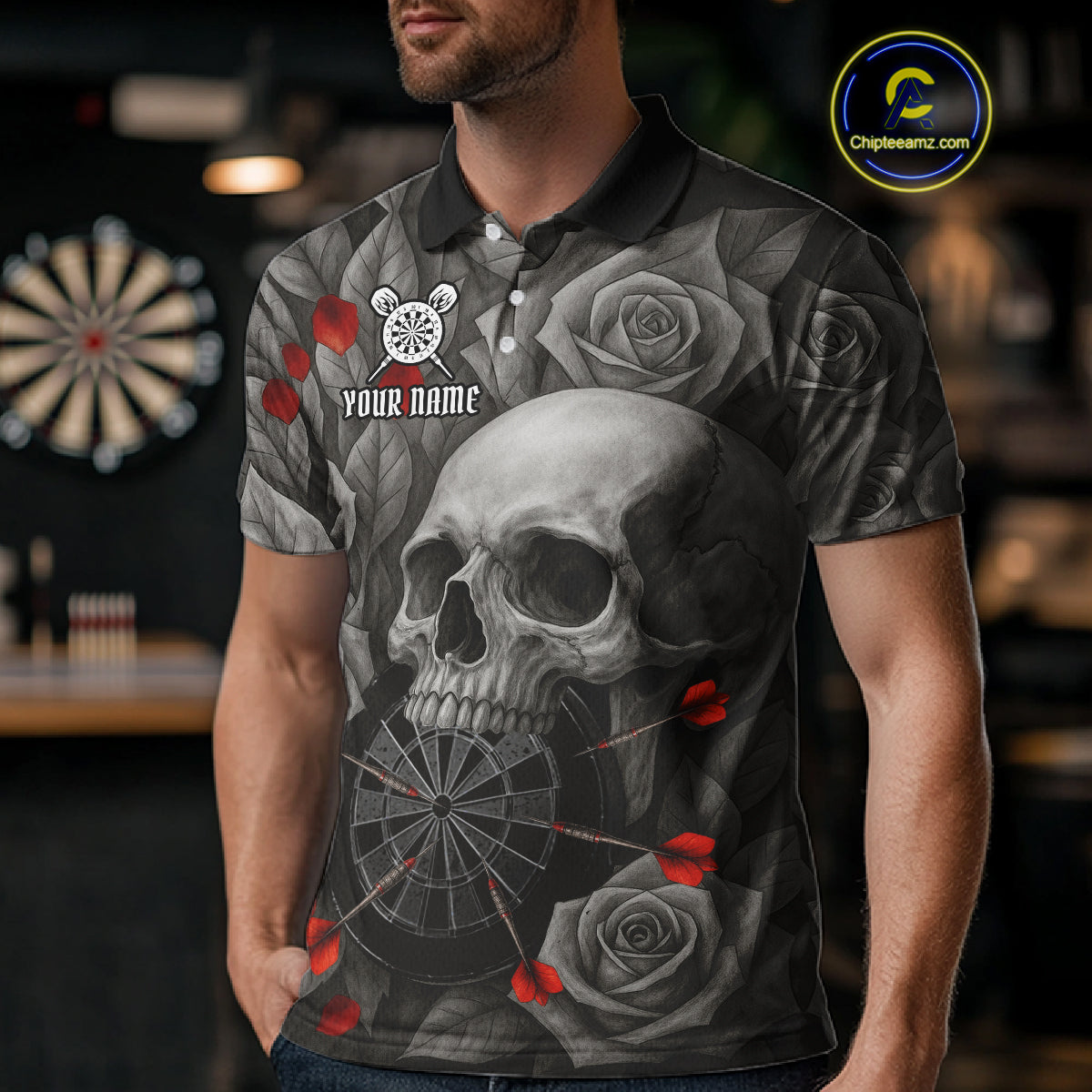 Custom Red Grey Roses Skull Dartboard Dart Men Polo Shirt Outfits Dart Team Jerseys NYN1560